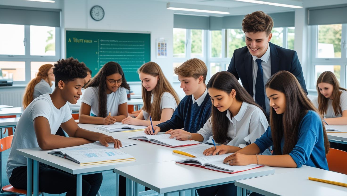 A-Level tuition session with students preparing for final exams in Maths, Biology, and English at a professional tuition centre