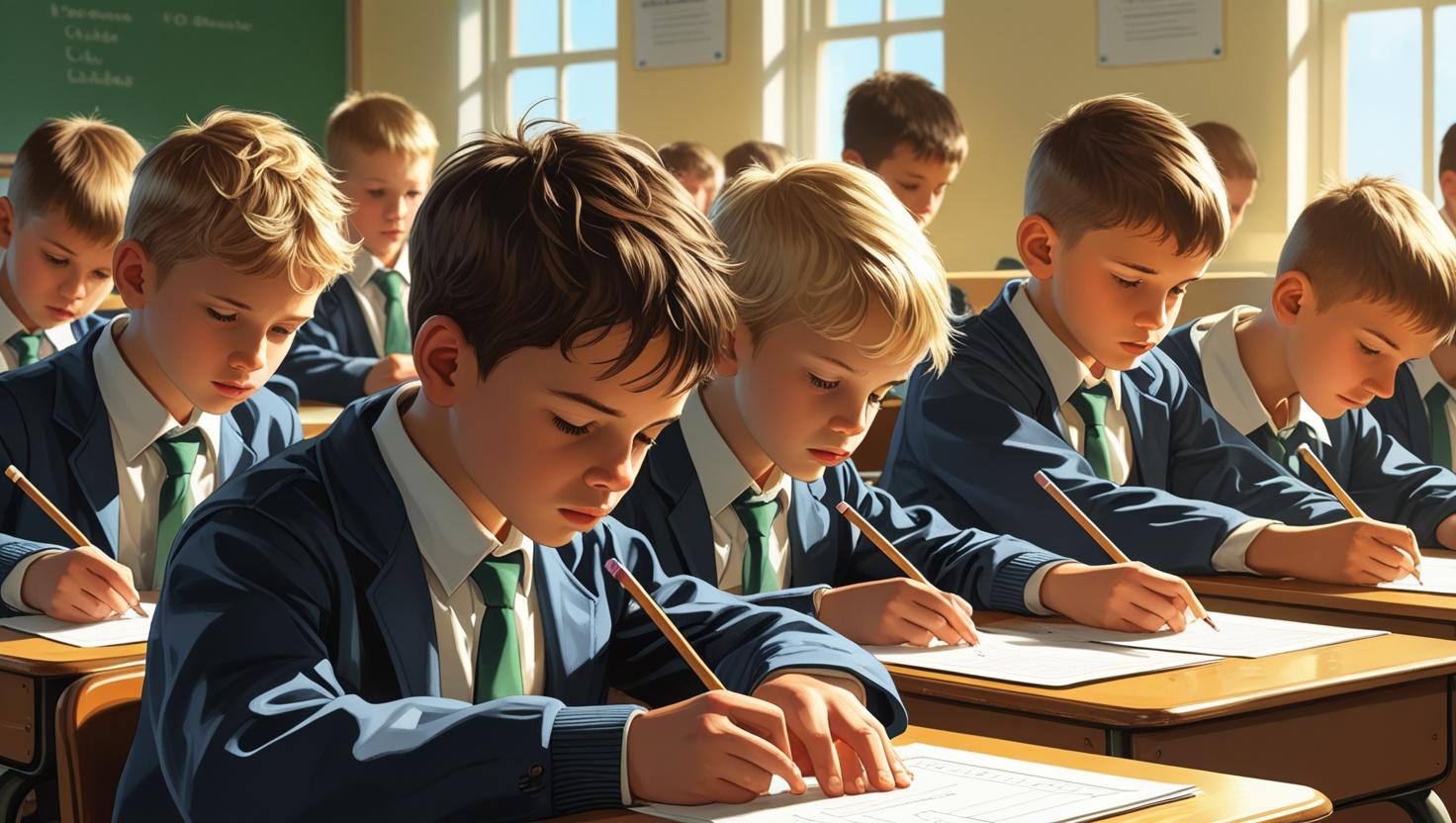 Students sitting mock exams in a calm, structured tuition centre environment, preparing for 11+, SATs, and GCSEs