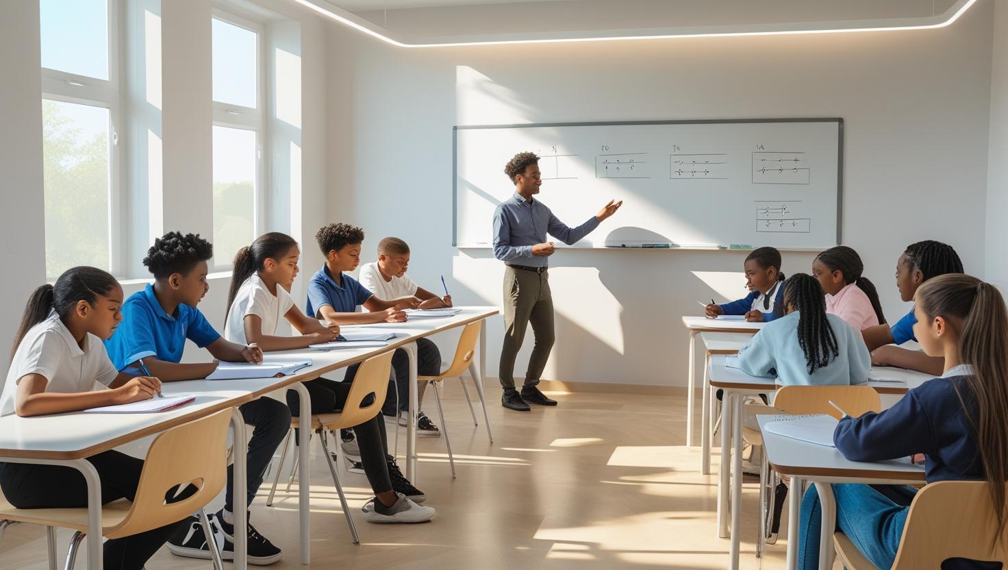KS3 tuition session with students aged 11–14 learning Maths, English, and Science from a qualified tutor in a modern classroom