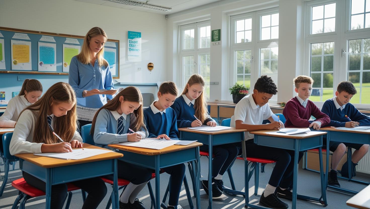 Group of Year 6 students receiving SATs exam preparation in a tuition centre classroom with a tutor leading the lesson.